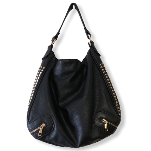 Handbags - Oversized Slouchy Black Studded Faux Leather Bag